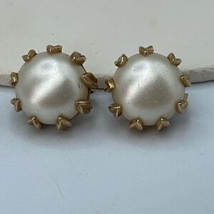 Crown Trifari prong set faux pearl clip earrings